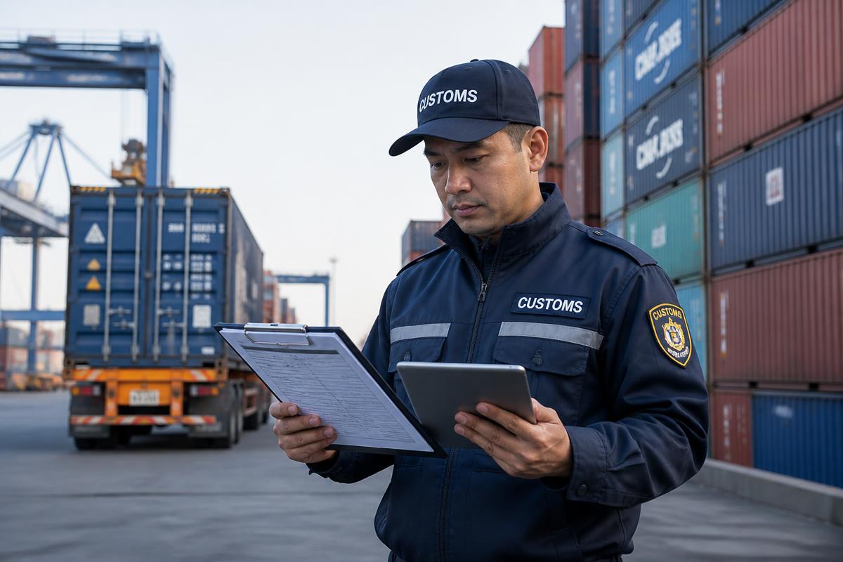 Customs officer reviewing shipping documents on a clipboard and tablet beside a container stack