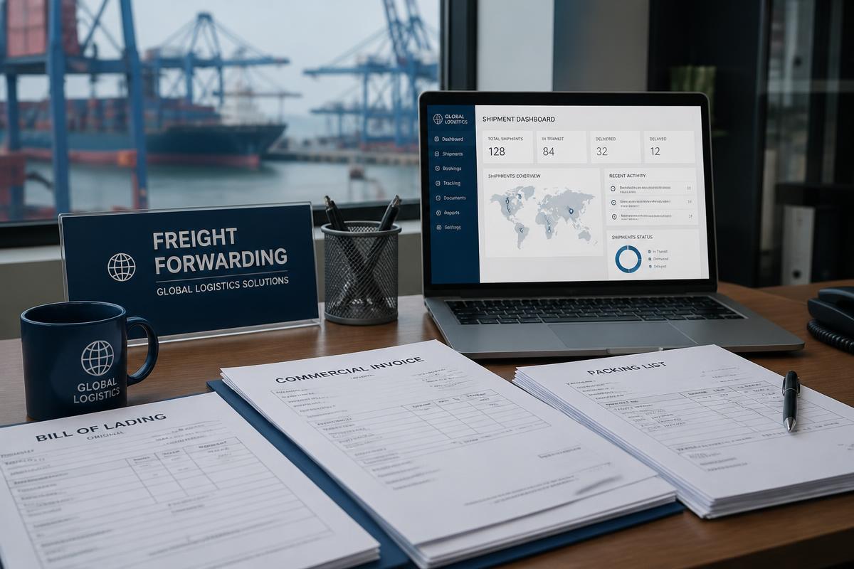 Shipping paperwork and a laptop showing a shipment dashboard on a desk overlooking a container port