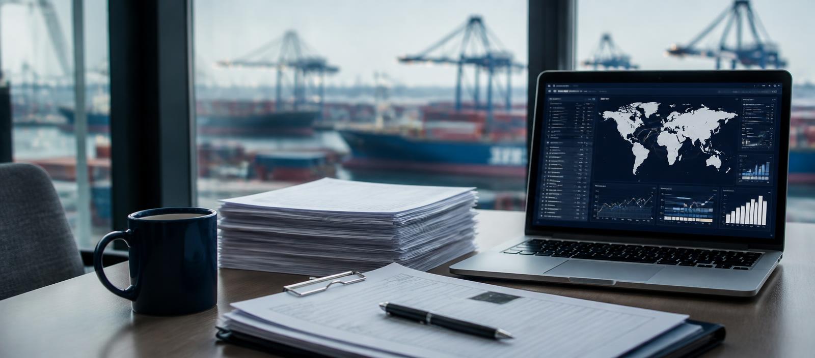Shipping paperwork and a laptop showing a shipment dashboard on a desk overlooking a container port