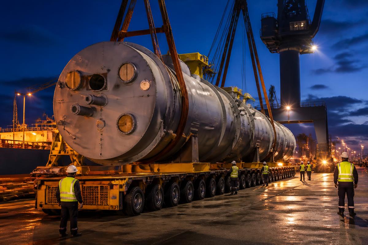 Oversized industrial module secured on a multi-axle modular trailer under a portal crane at dusk