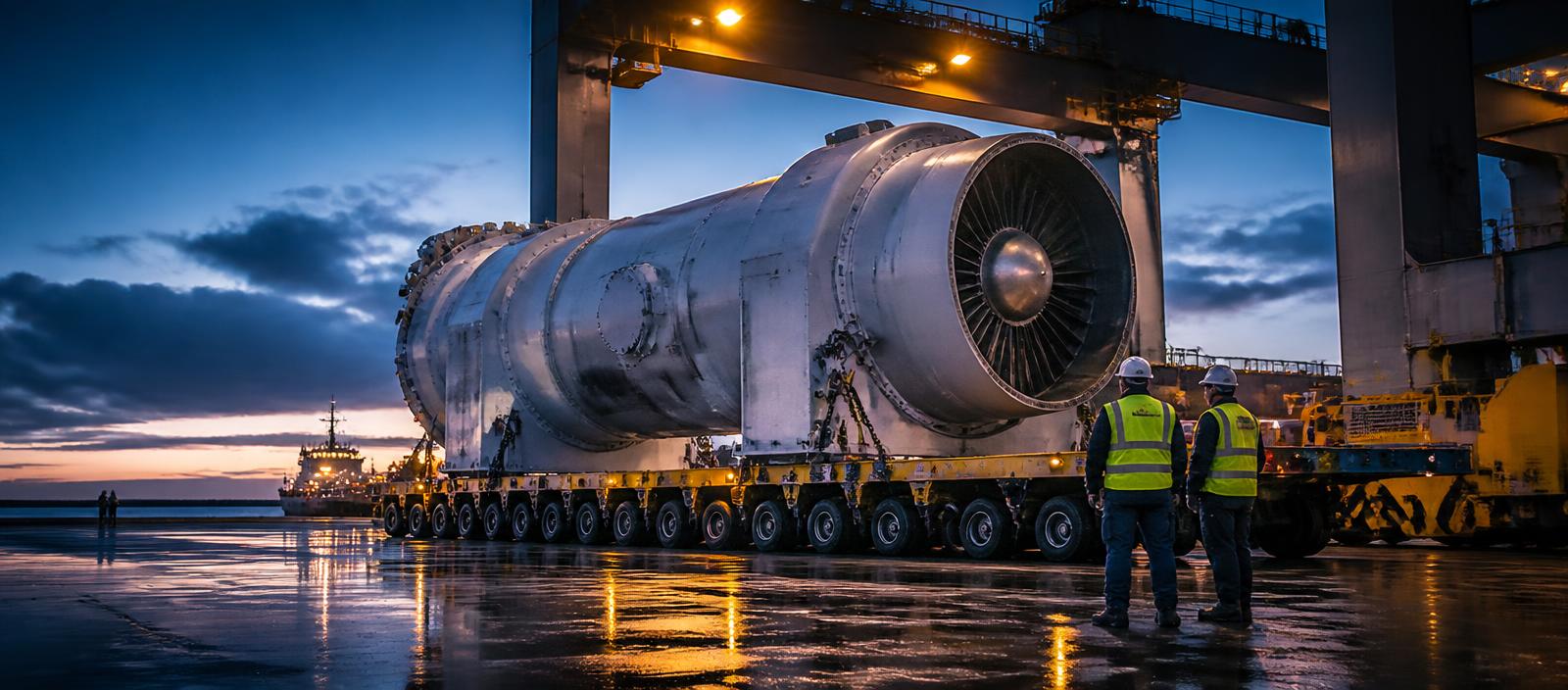 Oversized industrial module secured on a multi-axle modular trailer under a portal crane at dusk