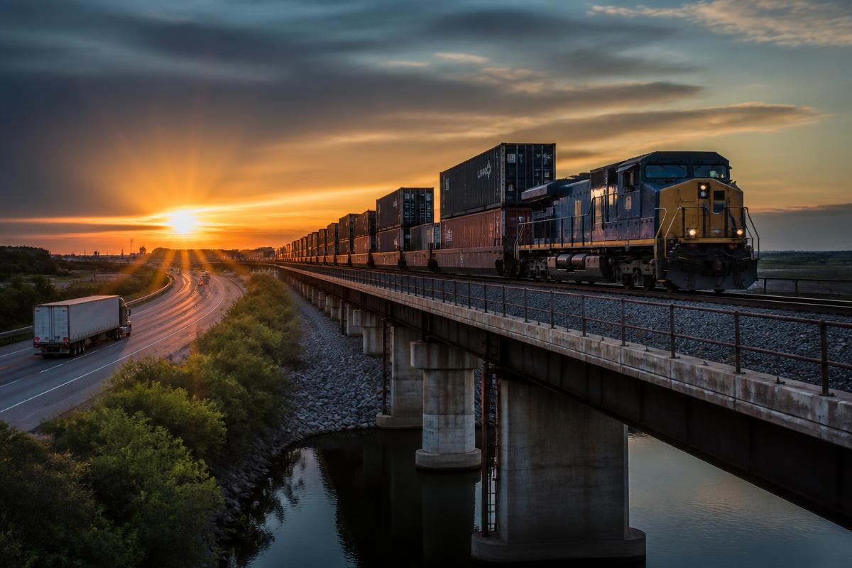 Intermodal container train crossing a bridge alongside a highway with freight trucks at sunrise