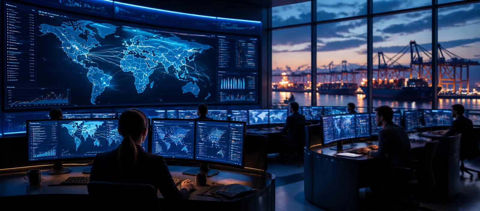 Logistics operators monitoring shipment dashboards and route maps in a control room overlooking a container terminal