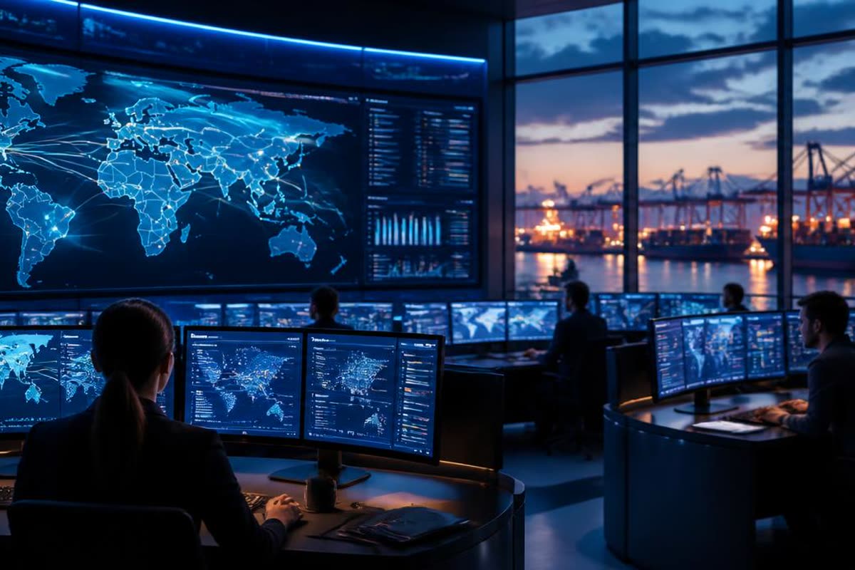 Logistics operators monitoring shipment dashboards and route maps in a control room overlooking a container terminal